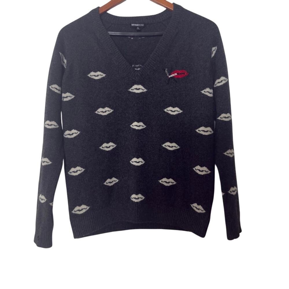 MINNIE ROSE 100% Cashmere Lip Print Sweater Black V-Neck Size XS